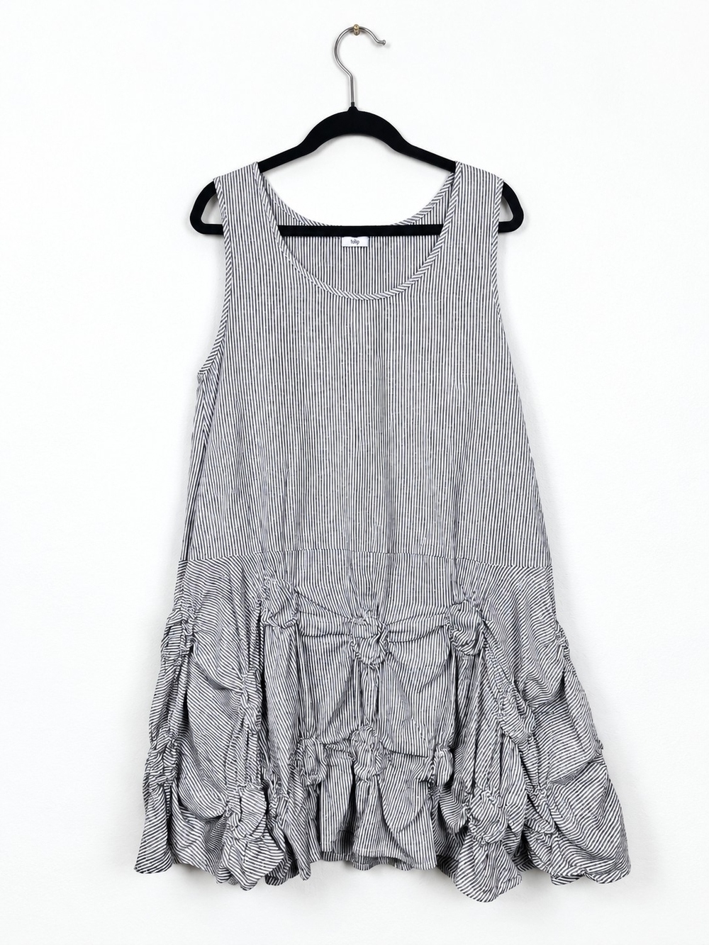 Tulip Matilda Ticking Stripe Dress Lagenlook Art to Wear Ruched Cotton Tunic XL